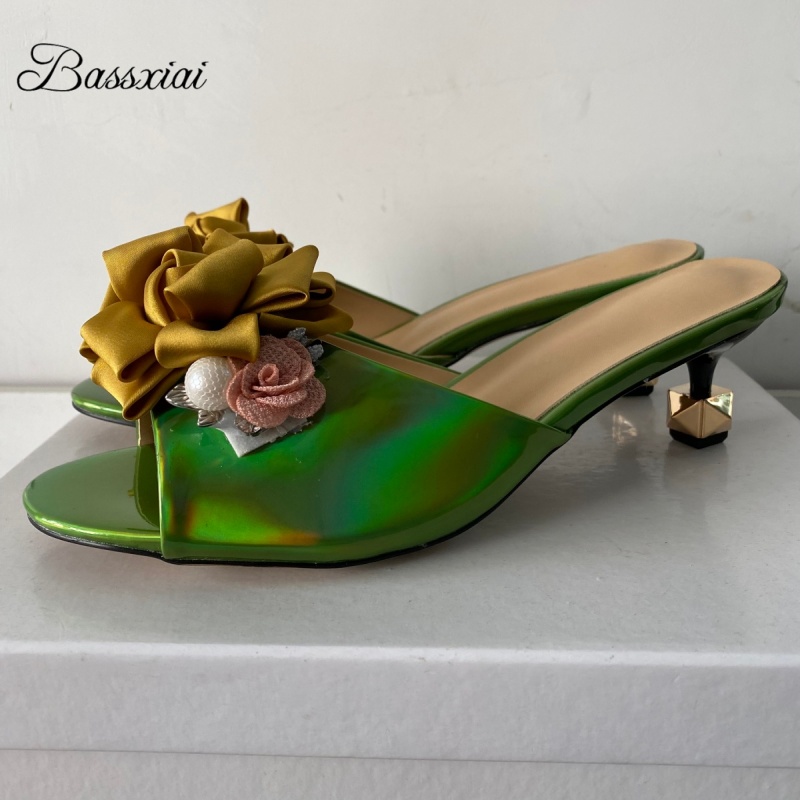 Kitten Heel Women - Kristal Dekor El Yapımı Çiçek Sandalet