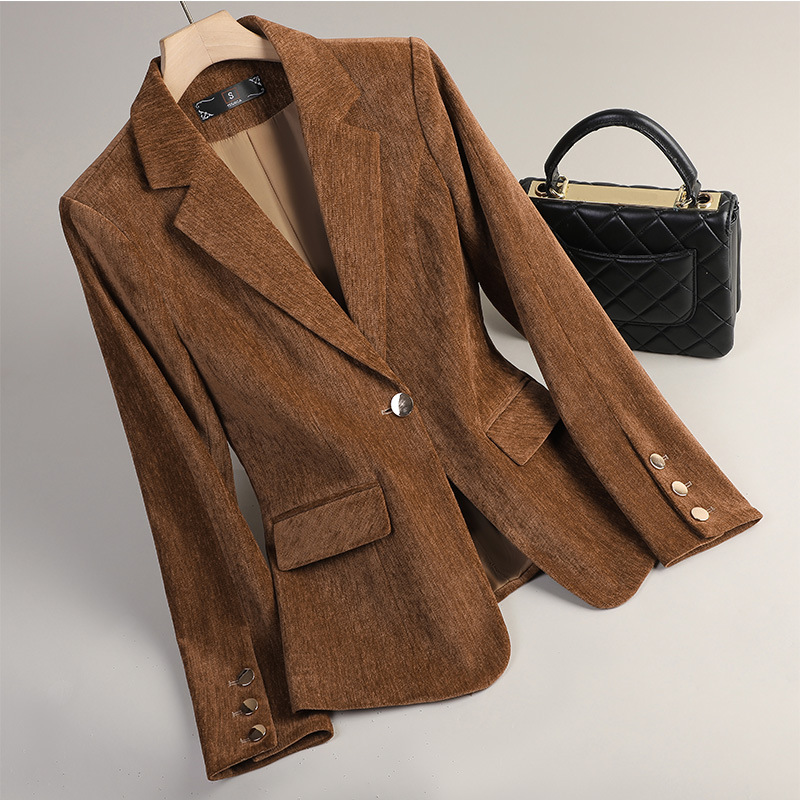 Women Formal Wear Coat - Sarı Altın Kadife Blazer Kadın Sonbahar