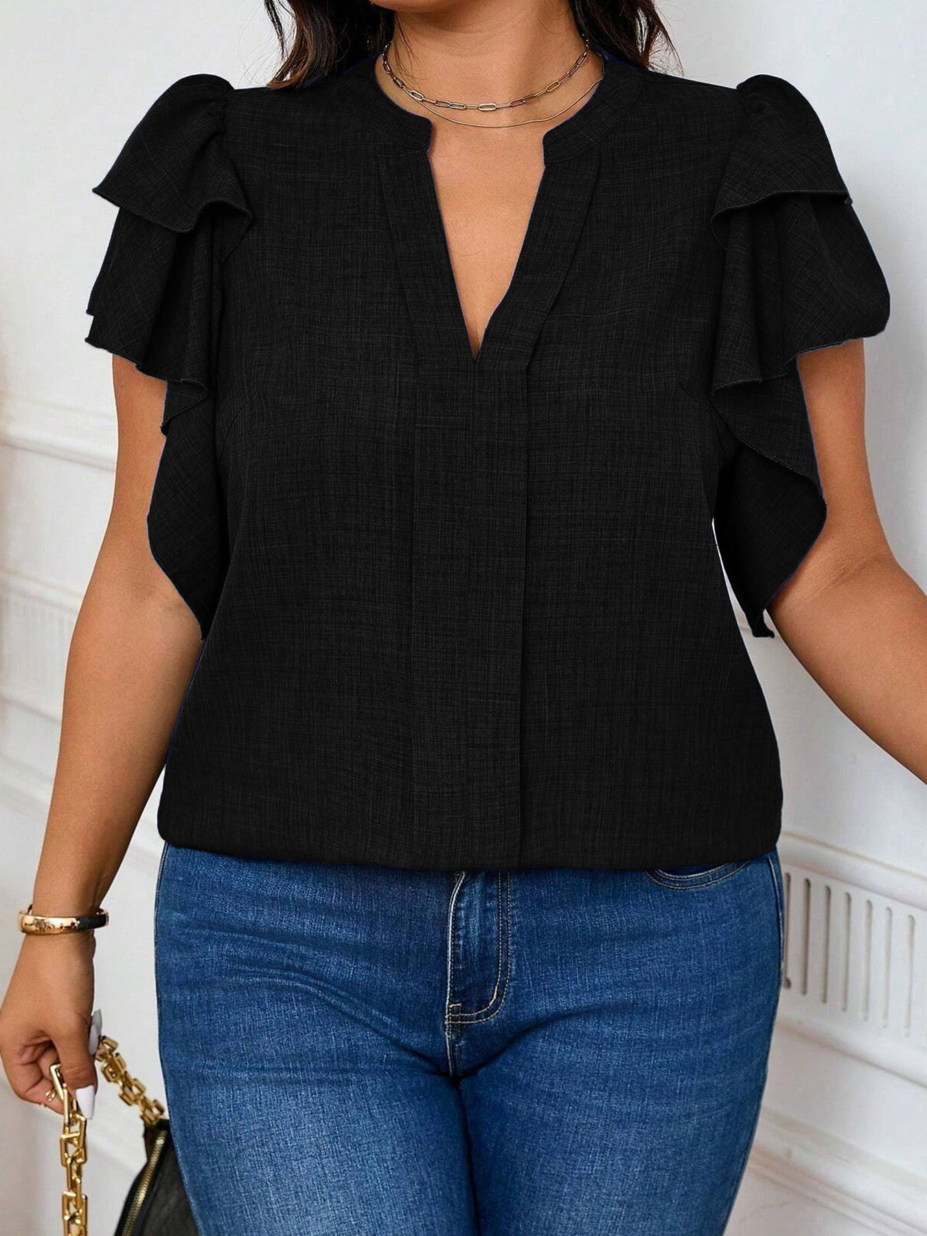 Women'S Formal Wear Blouse - Kadın Büyük Beden Zarif Katmanlı Kollu