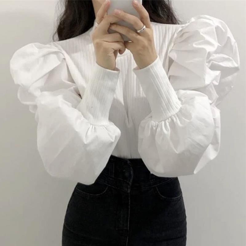 Women'S Formal Wear Blouse - Örgü puf uzun kollu bluz kadınlar